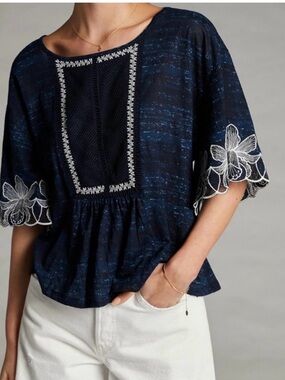 Anthropologie Pilcro Navy Blouse with White Embroidered Flowers, small